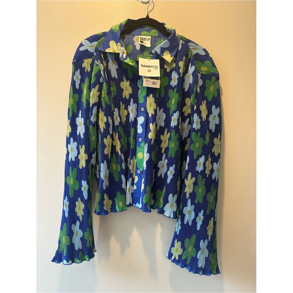 Floral Pleated Plisse Sammy B Button Up Shirt L Blue Green Retro‎ Maximalist
